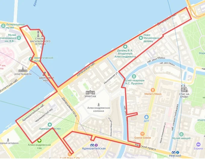 Схема перекрытия улиц для пешеходов во время празднования Алых парусов в 2022 году